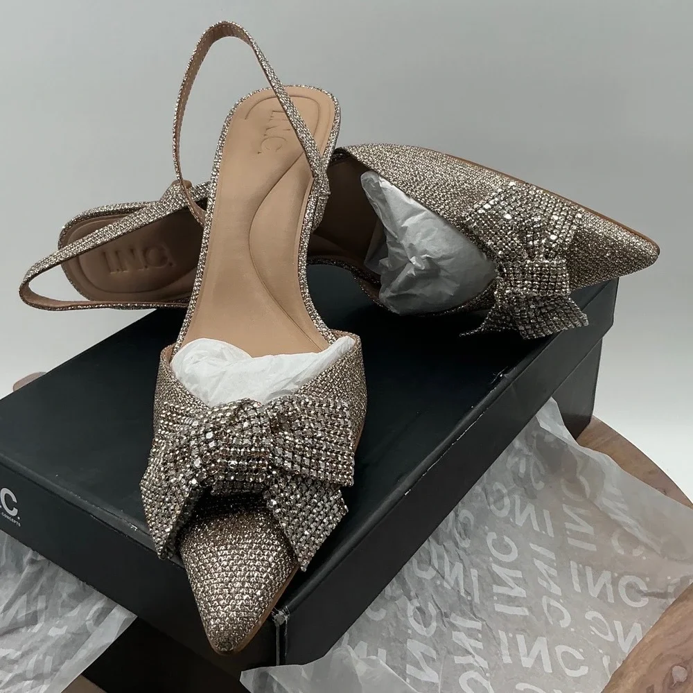 INC International Concepts Women Rhinestone Bow Slingback Metallic Pumps Gold